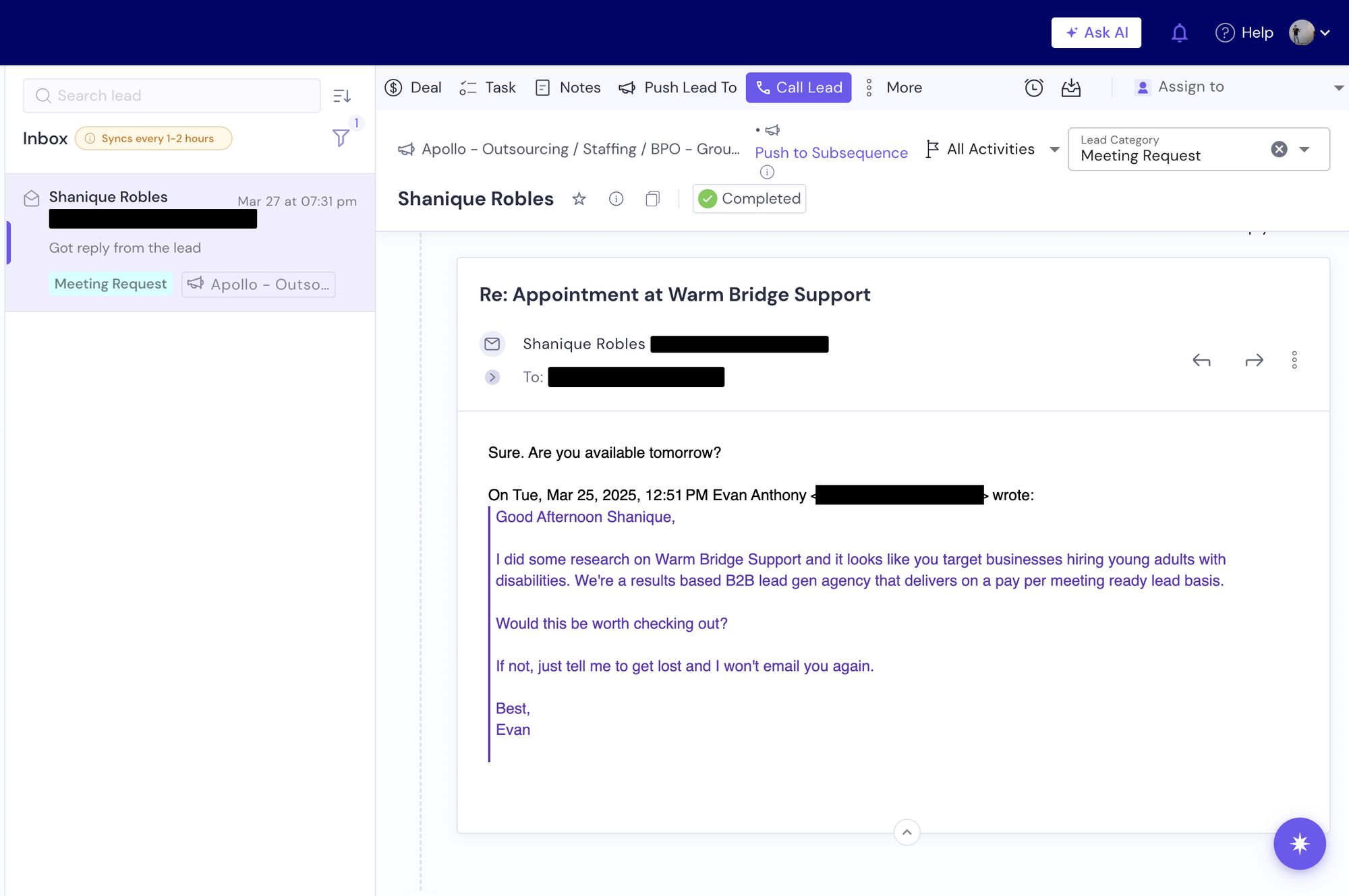 SmartLead inbox: a cold email sent to Warm Bridge Support, and the prospect's first reply reading 'Sure. Are you available tomorrow?' The lead is tagged Meeting Request.